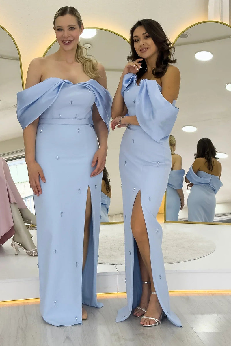 Women's Baby Blue Boat Neck Boncuk Detail Slit Evening Gown