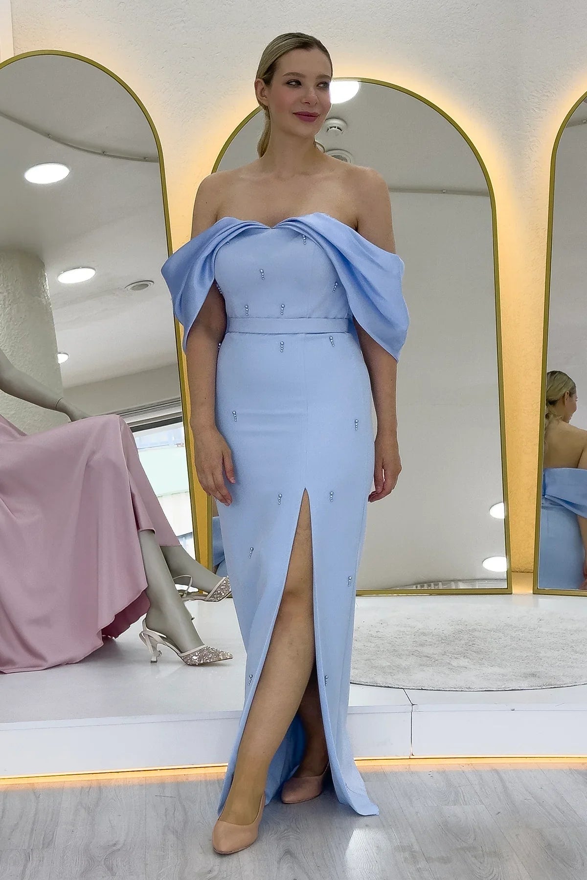 Women's Baby Blue Boat Neck Boncuk Detail Slit Evening Gown