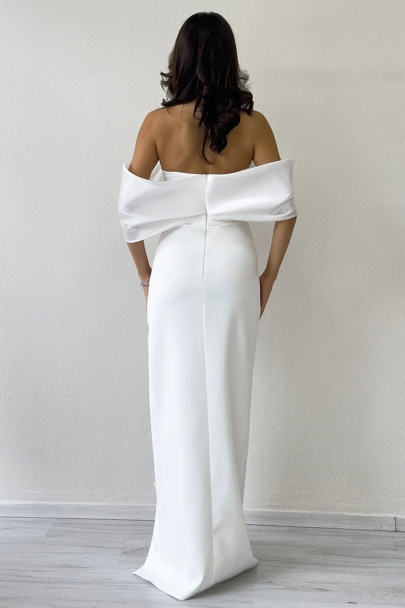 Women's White Boat Neck Boncuk Detail Slit Bridal Gown Dress