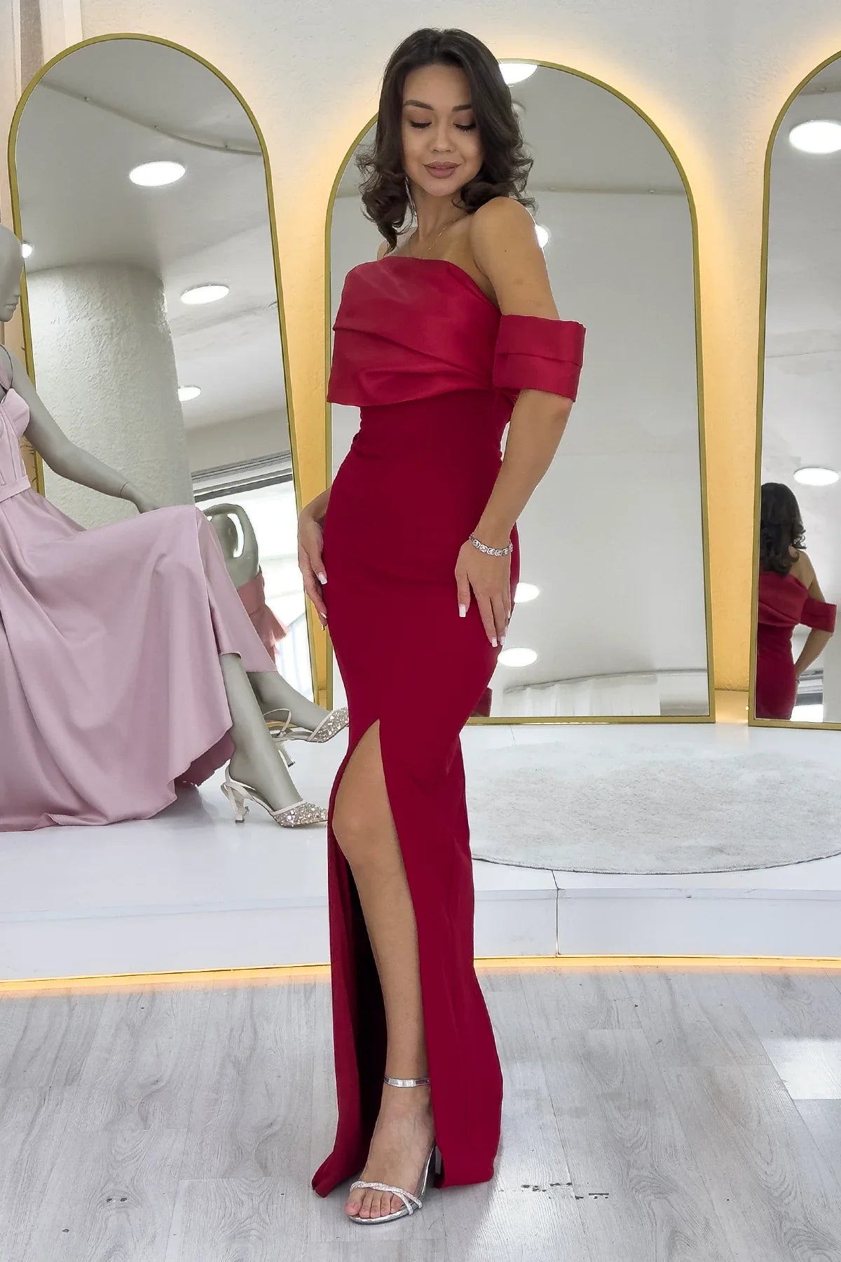 Women's Red Draped Collar Drop Shoulder Slit Long Evening Gown