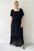 Black Carmen Neck Ruffled Plus Size Long Chiffon Dress