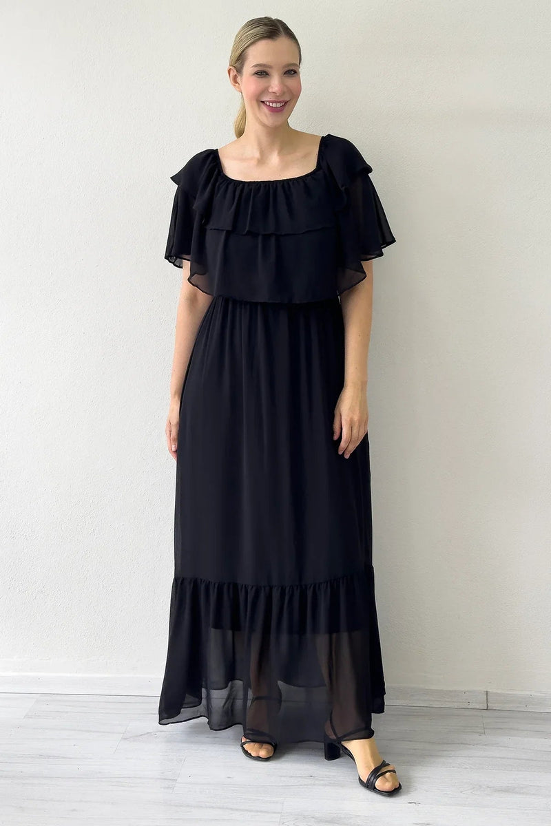 Women's Black Carmen Neck Ruffled Plus Size Long Chiffon Dress