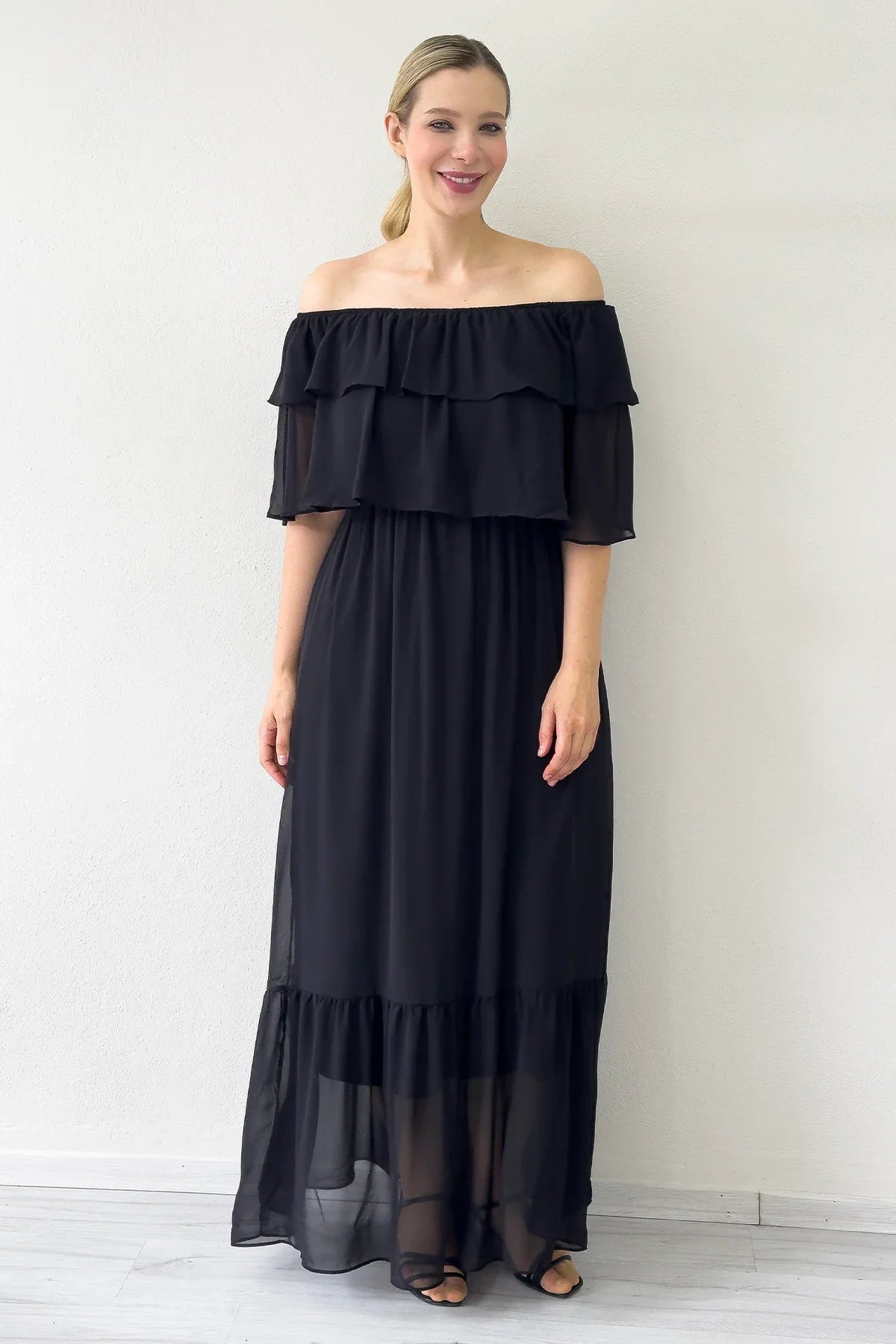 Women's Black Carmen Neck Ruffled Plus Size Long Chiffon Dress