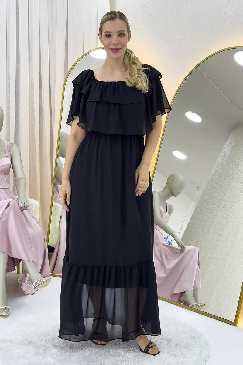 Women's Black Carmen Neck Ruffled Plus Size Long Chiffon Dress