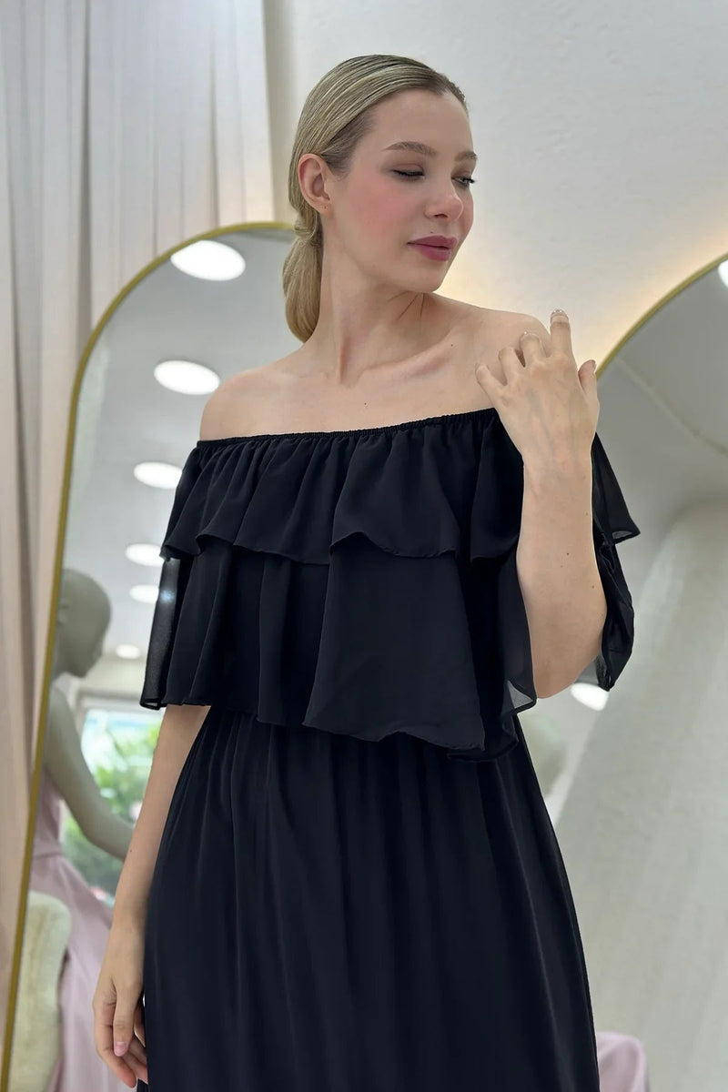 Women's Black Carmen Neck Ruffled Plus Size Long Chiffon Dress