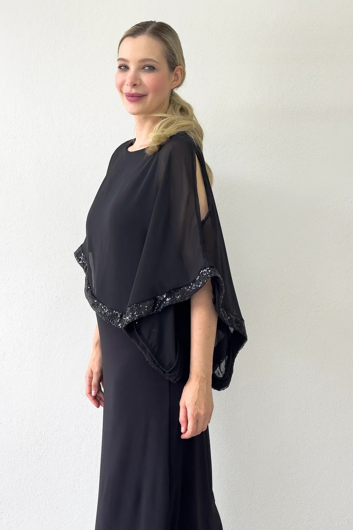 Women's Black Plus Size Chiffon Pelerinli Sleeve Detail Evening Gown