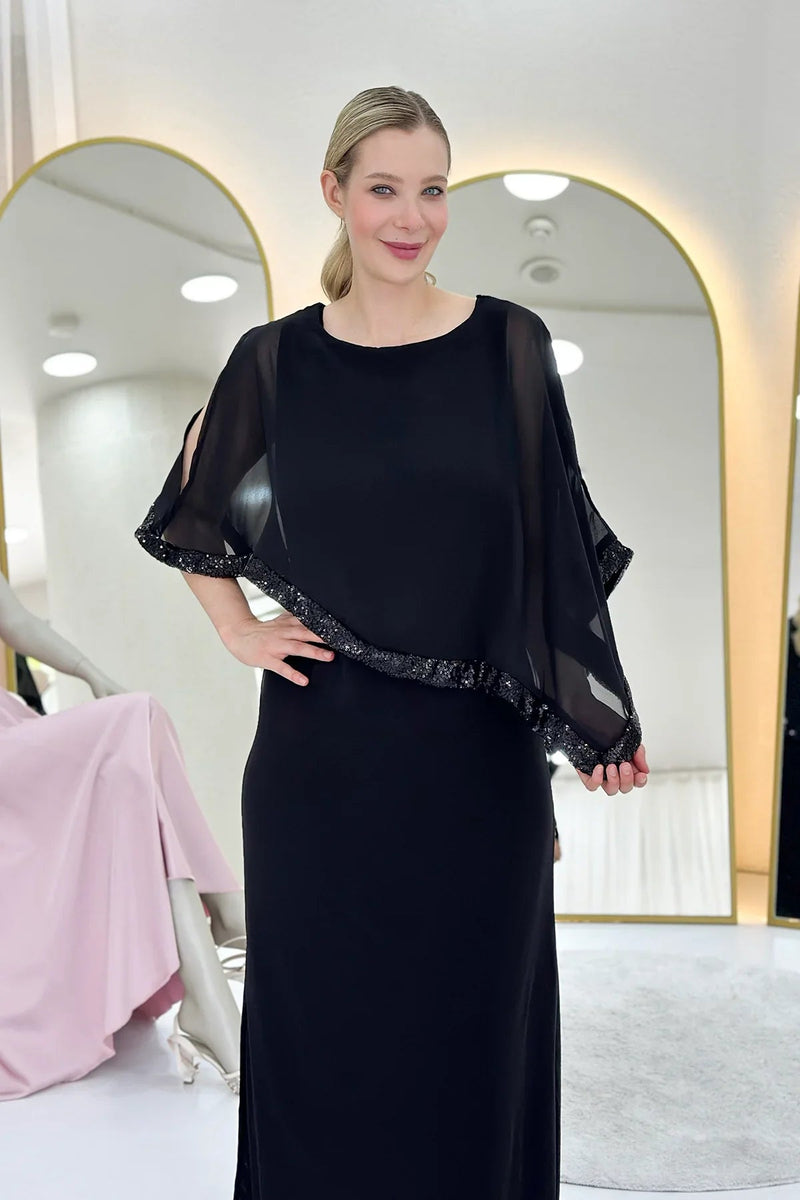 Women's Black Plus Size Chiffon Pelerinli Sleeve Detail Evening Gown