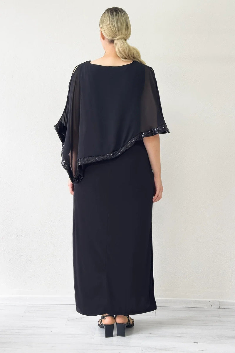 Women's Black Plus Size Chiffon Pelerinli Sleeve Detail Evening Gown