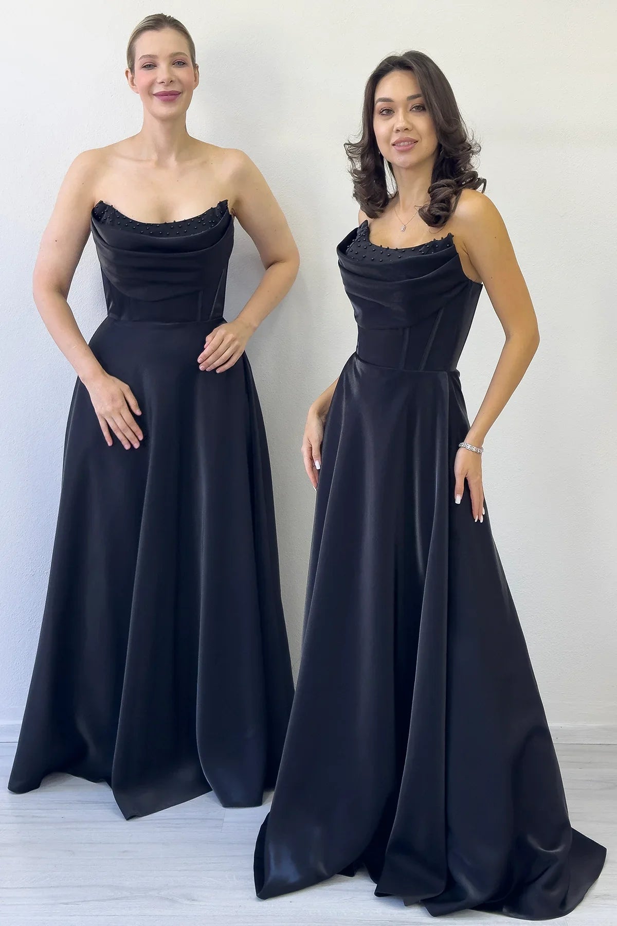 Women's Black Strapless Corset Detail Boncuklu Open Back Evening Gown