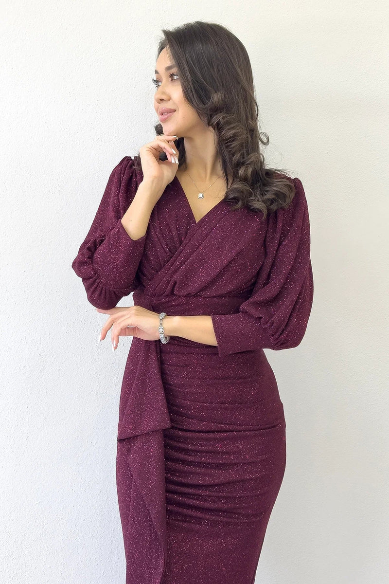 Women's Burgundy Balloon Sleeve Glitter Draped Volan Detail Mermaid Evening Gown