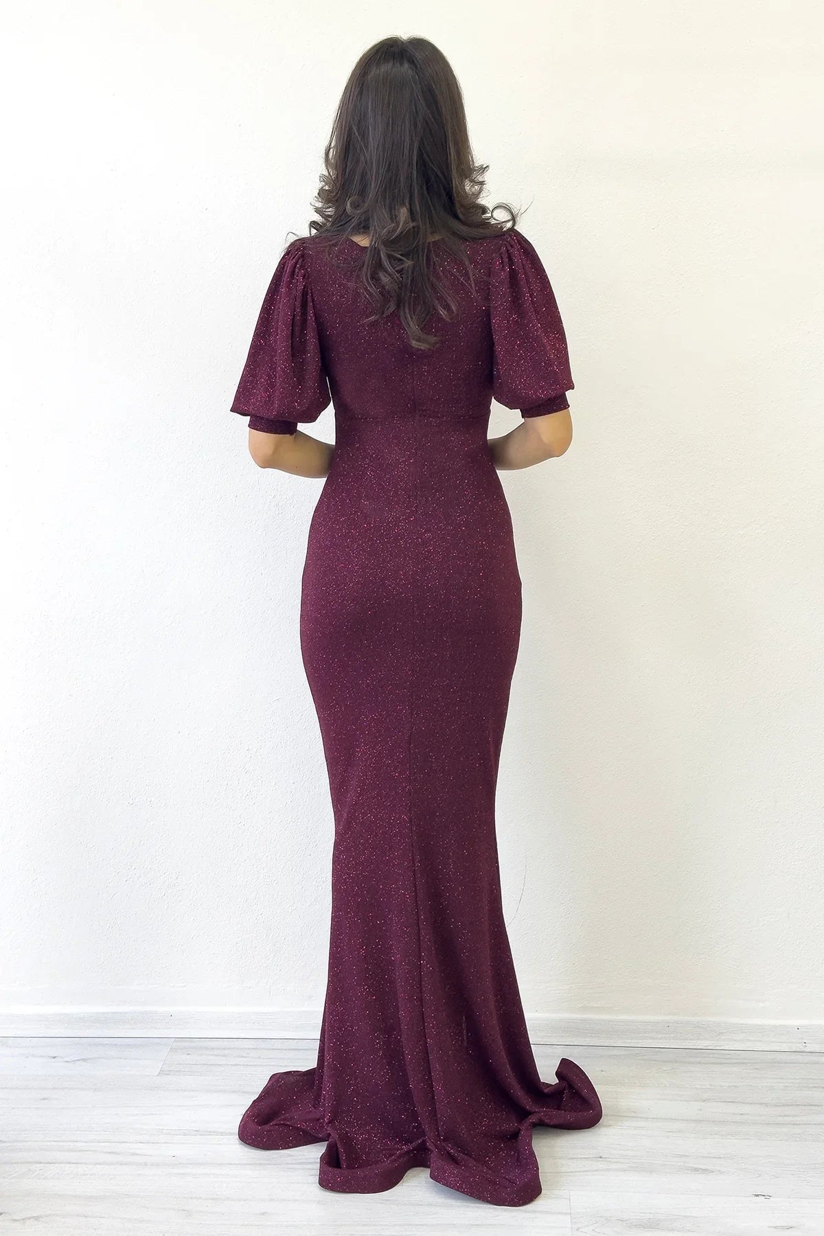Women's Burgundy Balloon Sleeve Glitter Draped Volan Detail Mermaid Evening Gown