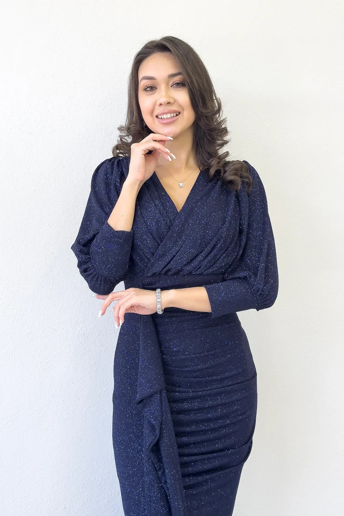 Women's Navy Blue Balloon Sleeve Glitter Draped Volan Detail Mermaid Evening Gown