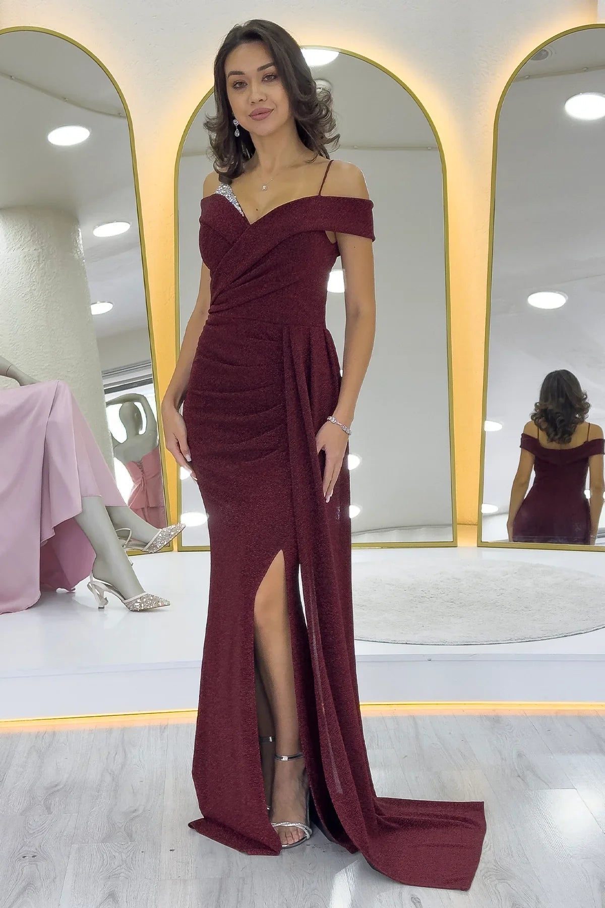 Women's Burgundy Strap Off-Shoulder Crystal Embellished Slit Evening Gown