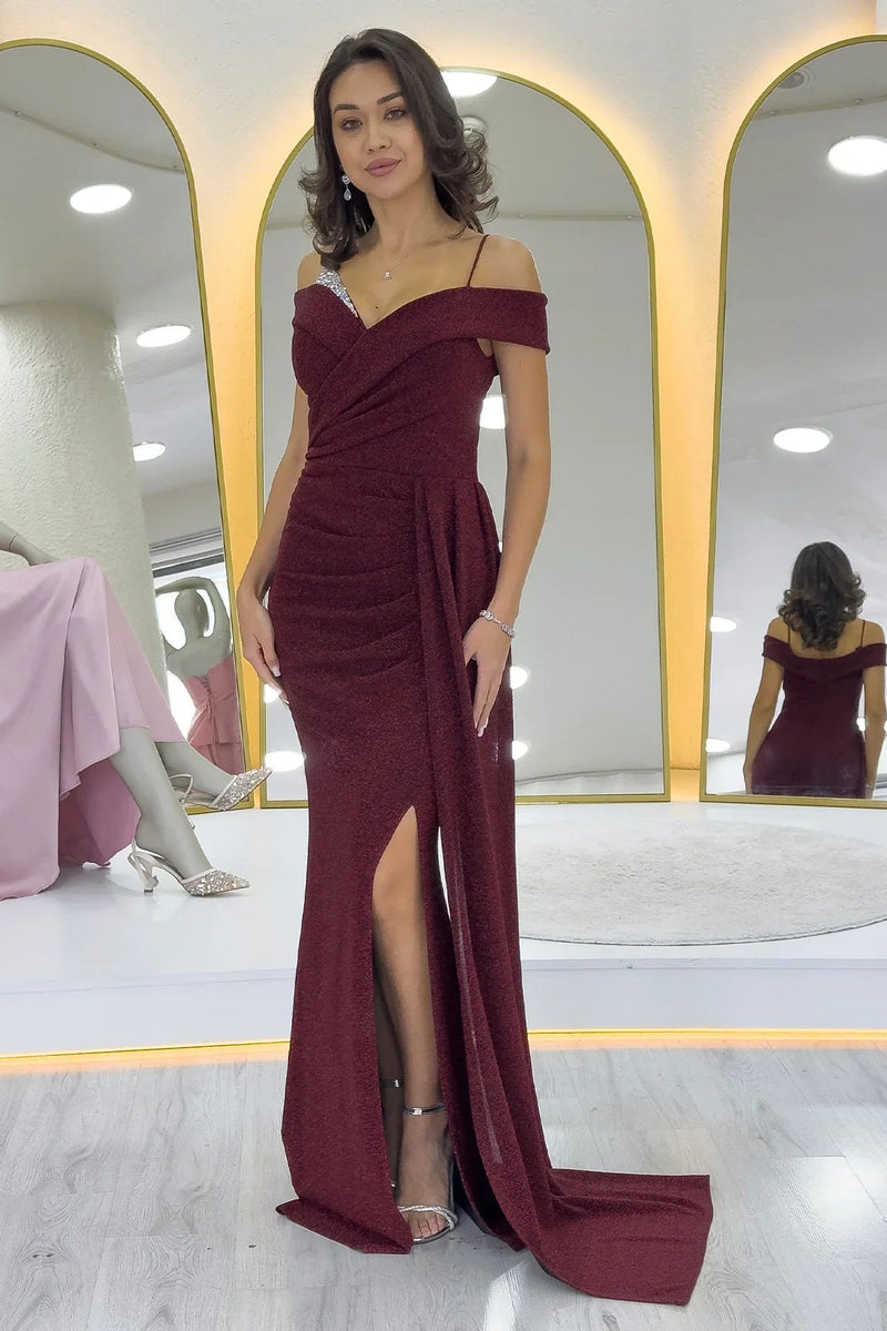 Women's Burgundy Strap Off-Shoulder Crystal Embellished Slit Evening Gown