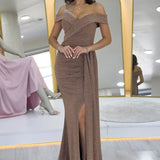 Gold Glitter Fabric Maxi Evening Dress