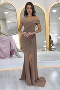 Gold Glitter Fabric Maxi Evening Dress