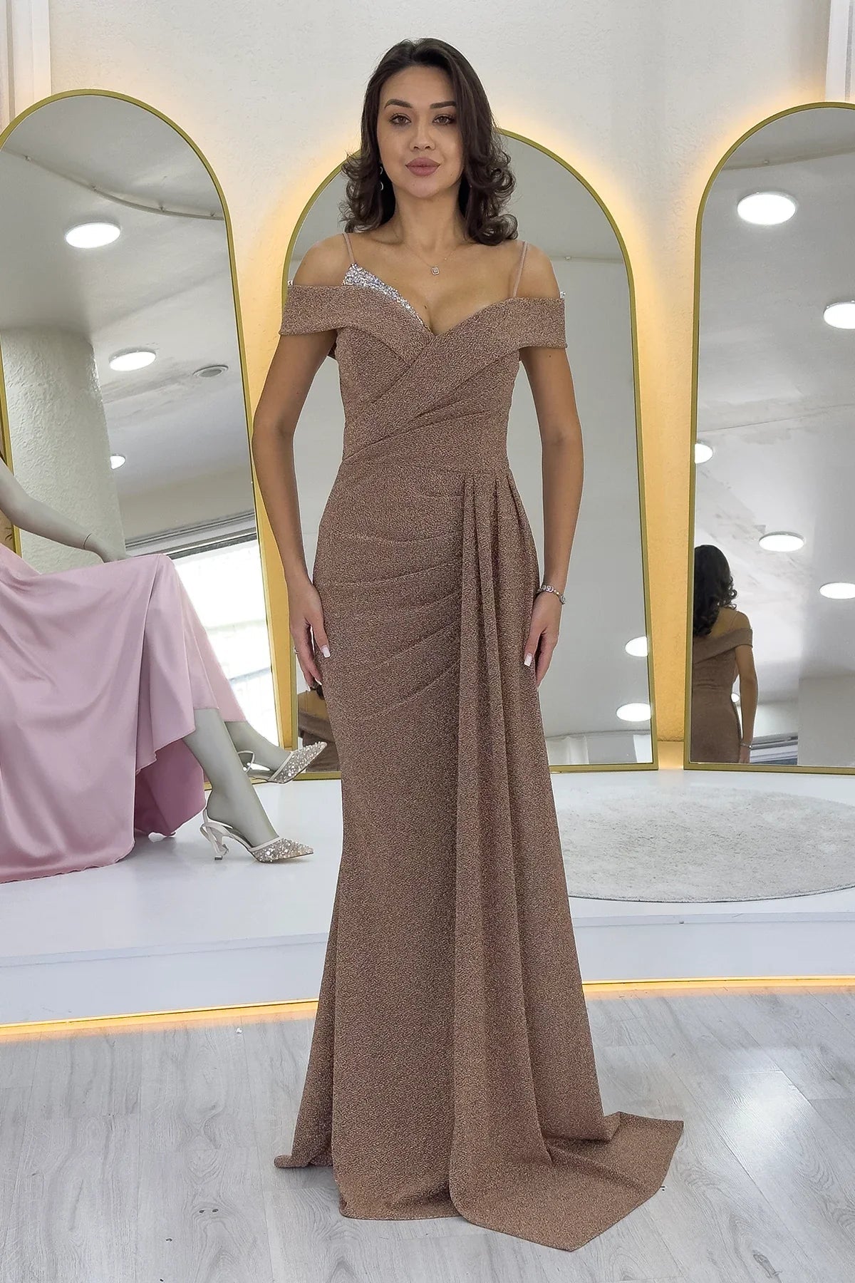 Women's Gold Glitter Strap Off-Shoulder Crystal Embellished Slit Evening Gown