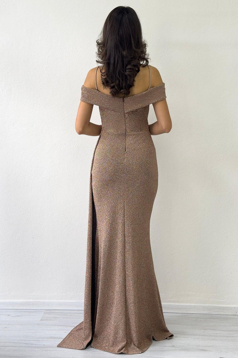 Women's Gold Glitter Strap Off-Shoulder Crystal Embellished Slit Evening Gown