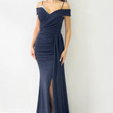Navy Blue Glitter Fabric Maxi Evening Dress