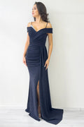 Navy Blue Glitter Fabric Maxi Evening Dress