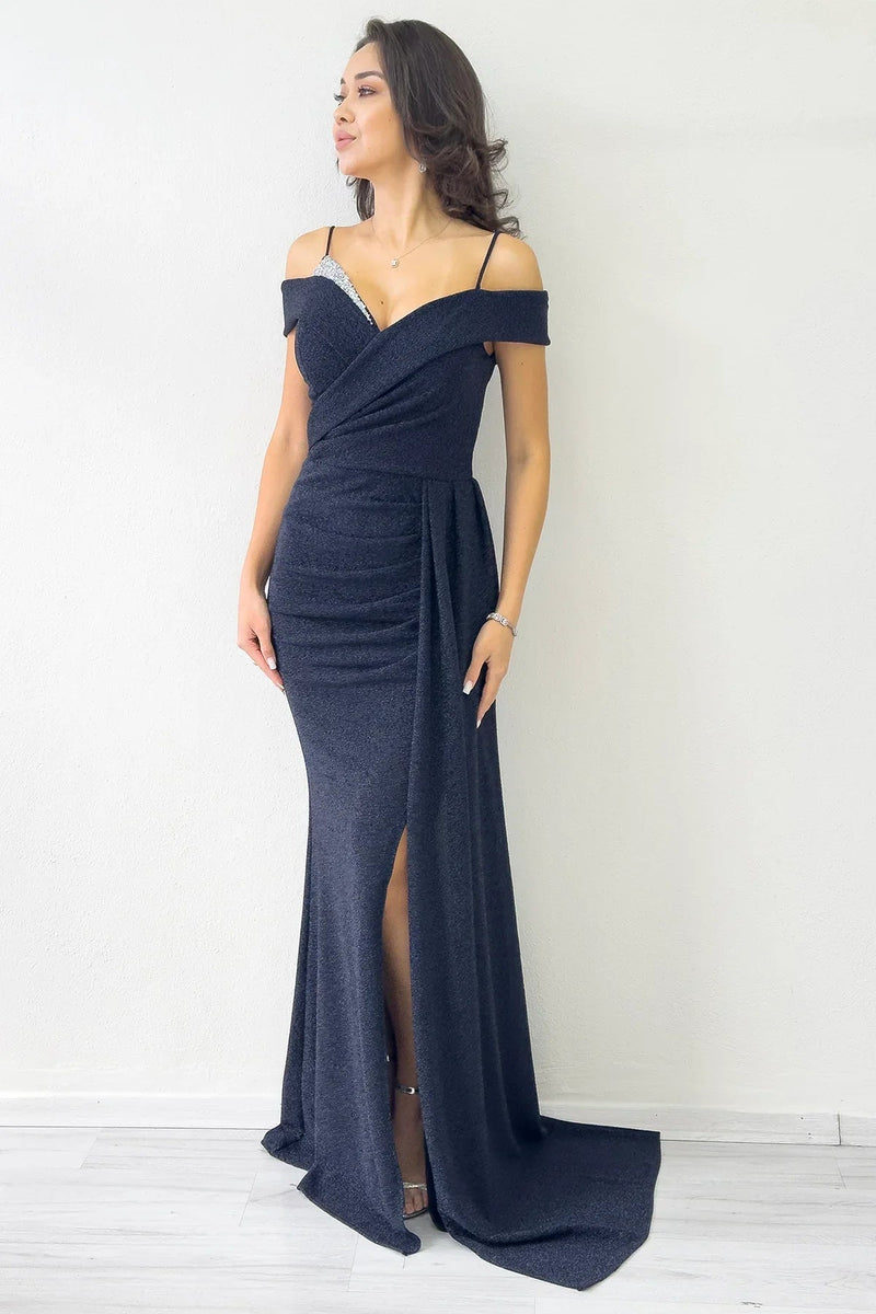 Women's Navy Blue Glitter Strap Off-Shoulder Crystal Embellished Slit Evening Gown
