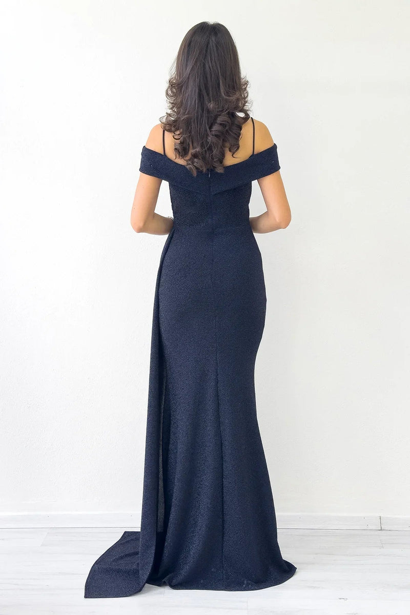 Women's Navy Blue Glitter Strap Off-Shoulder Crystal Embellished Slit Evening Gown