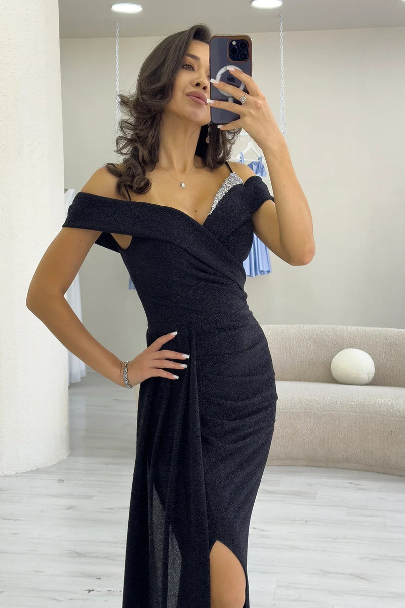 Women's Black Glitter Strap Off-Shoulder Crystal Embellished Slit Evening Gown