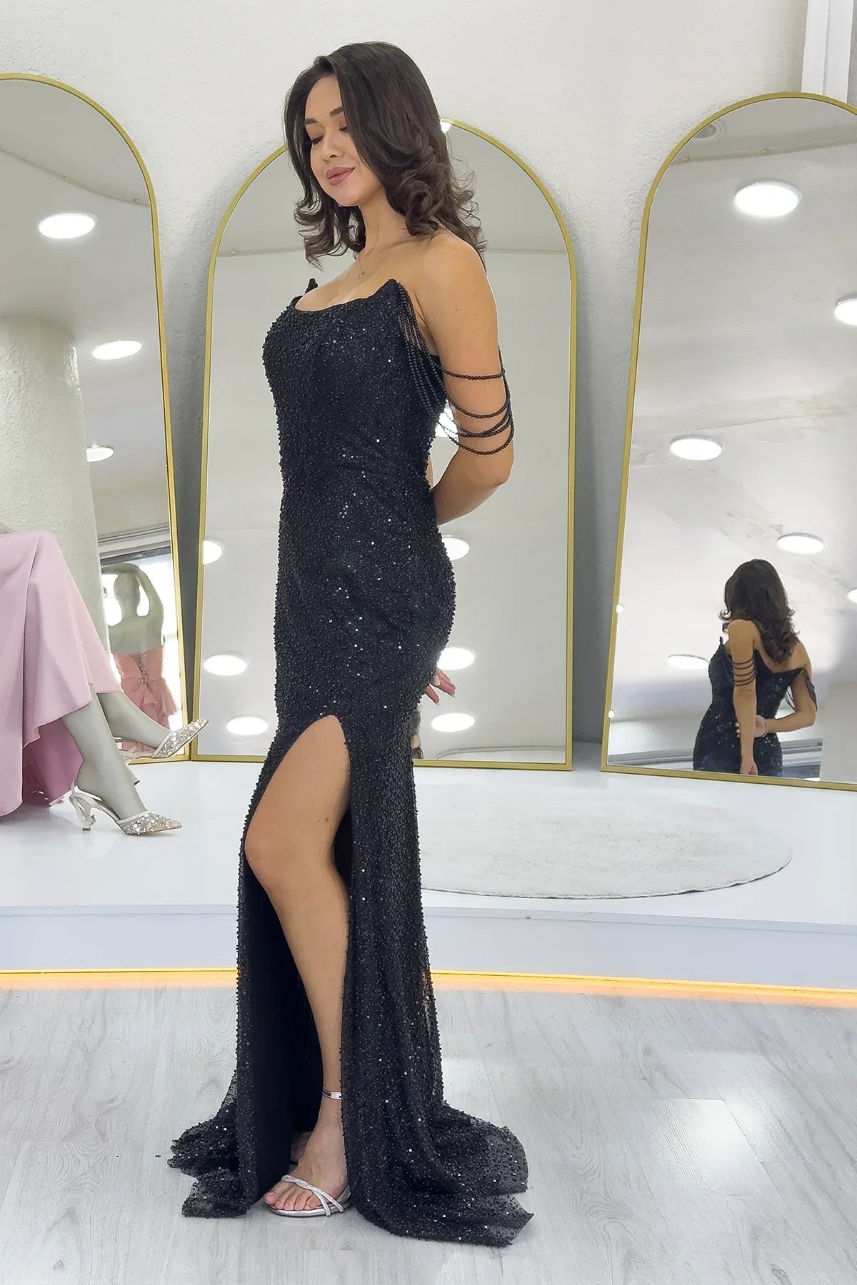 Women's Black Strapless Beaded Slit Evening Gown