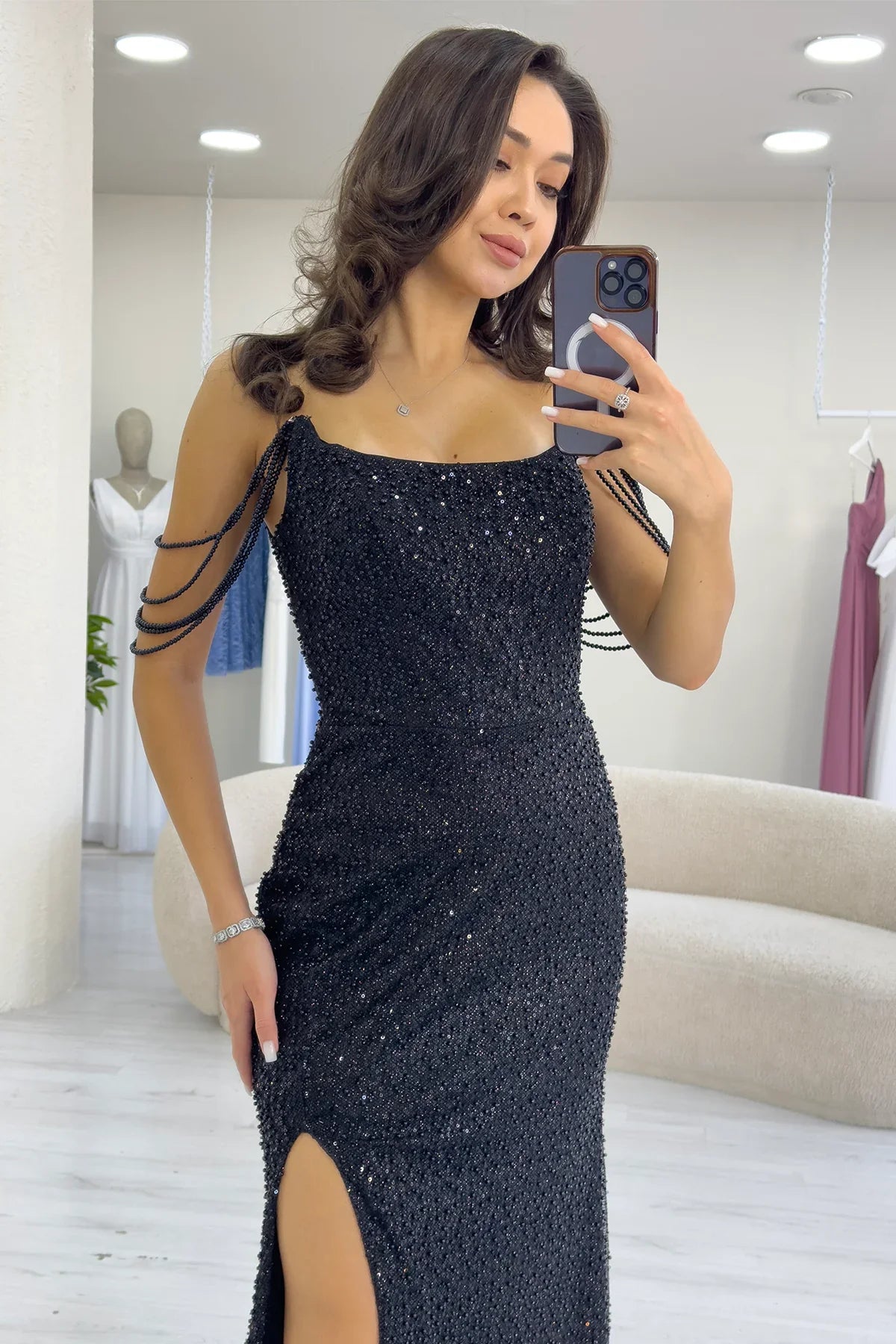 Women's Black Strapless Beaded Slit Evening Gown