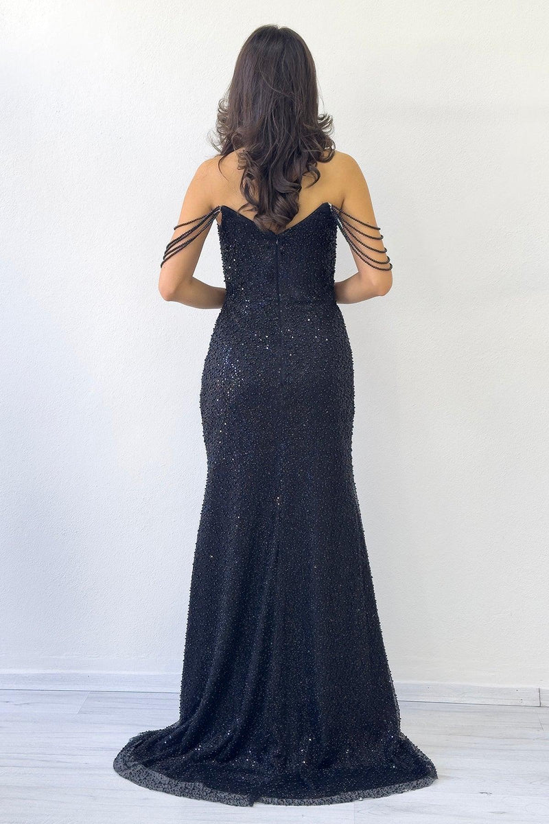 Women's Black Strapless Beaded Slit Evening Gown