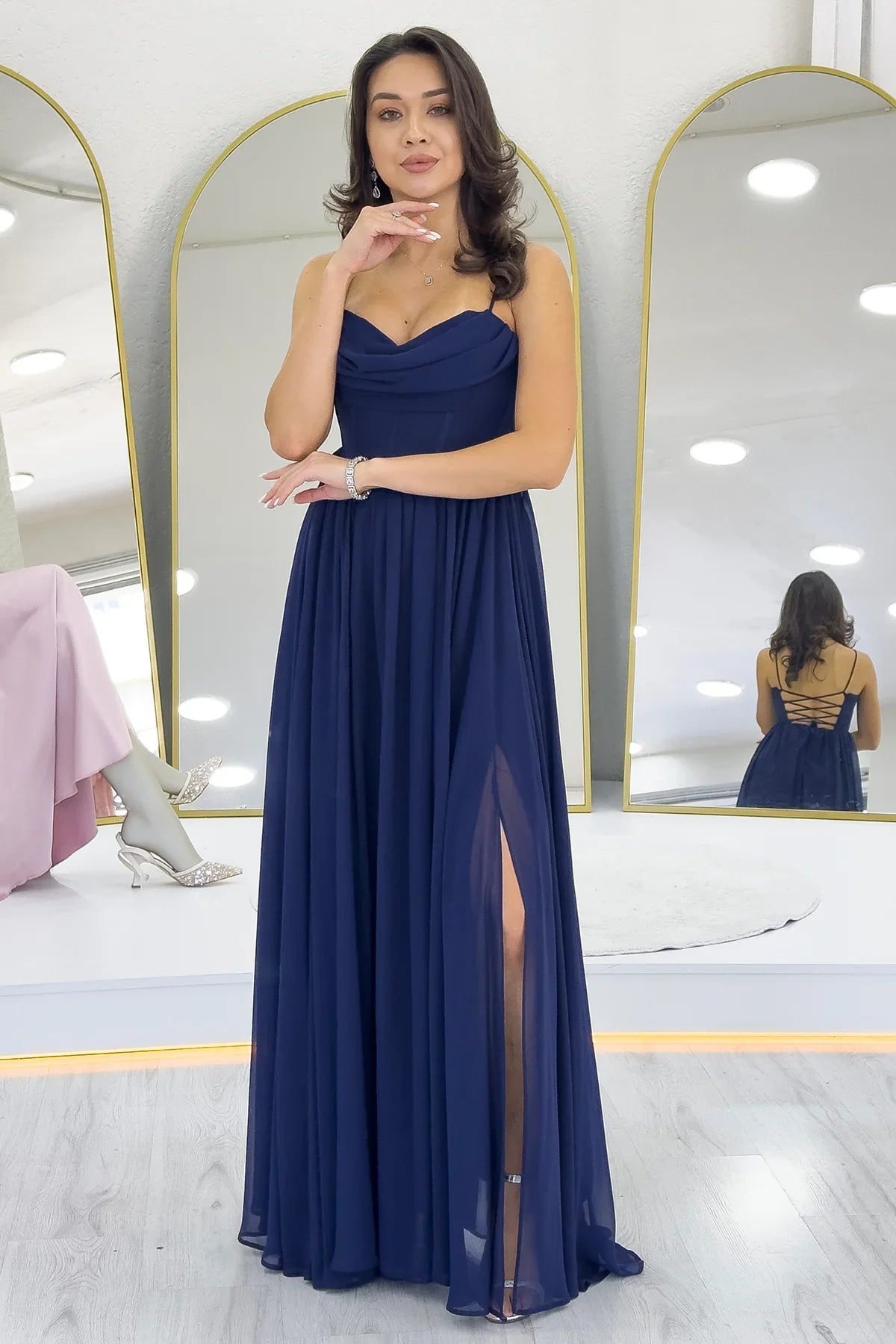 Women's Navy Blue Open Back Corset Detail Slit Chiffon Evening Gown