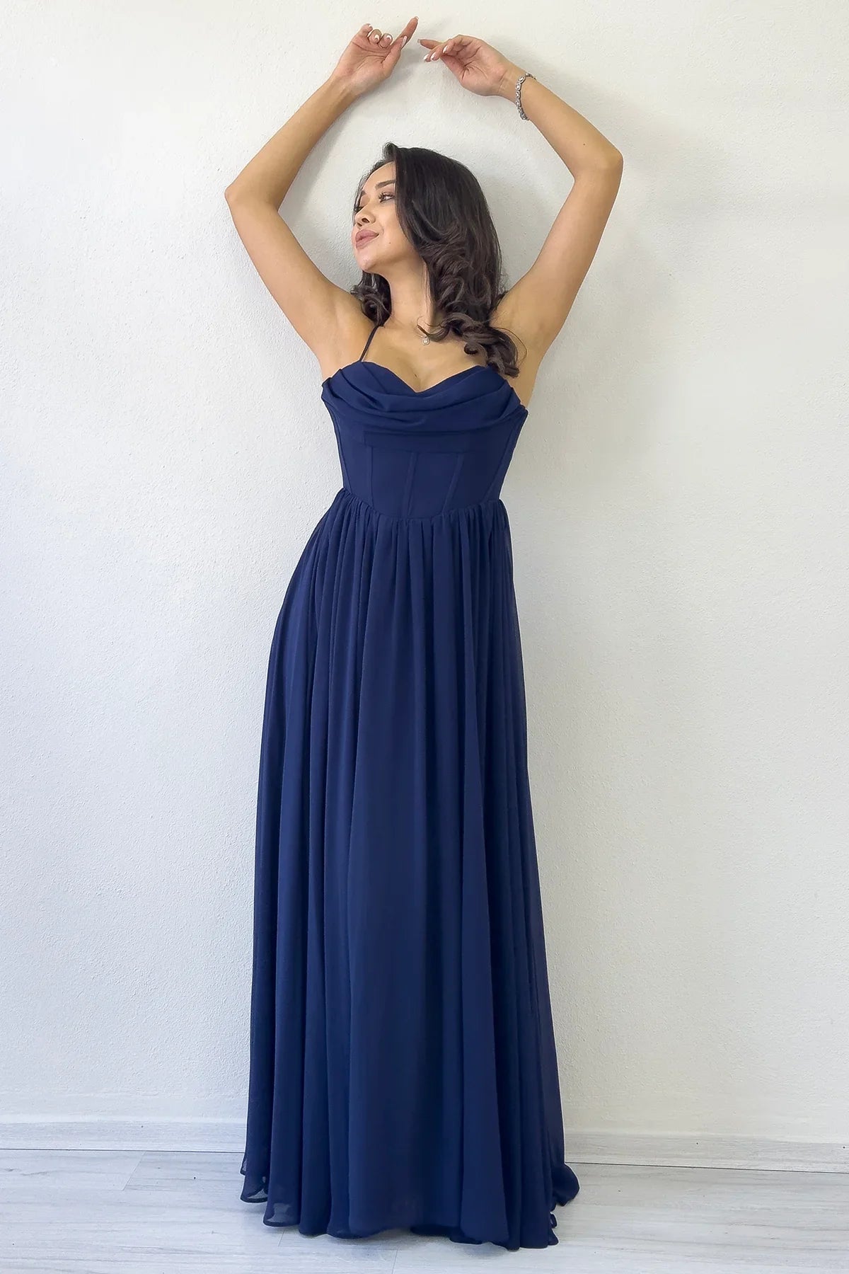Women's Navy Blue Open Back Corset Detail Slit Chiffon Evening Gown