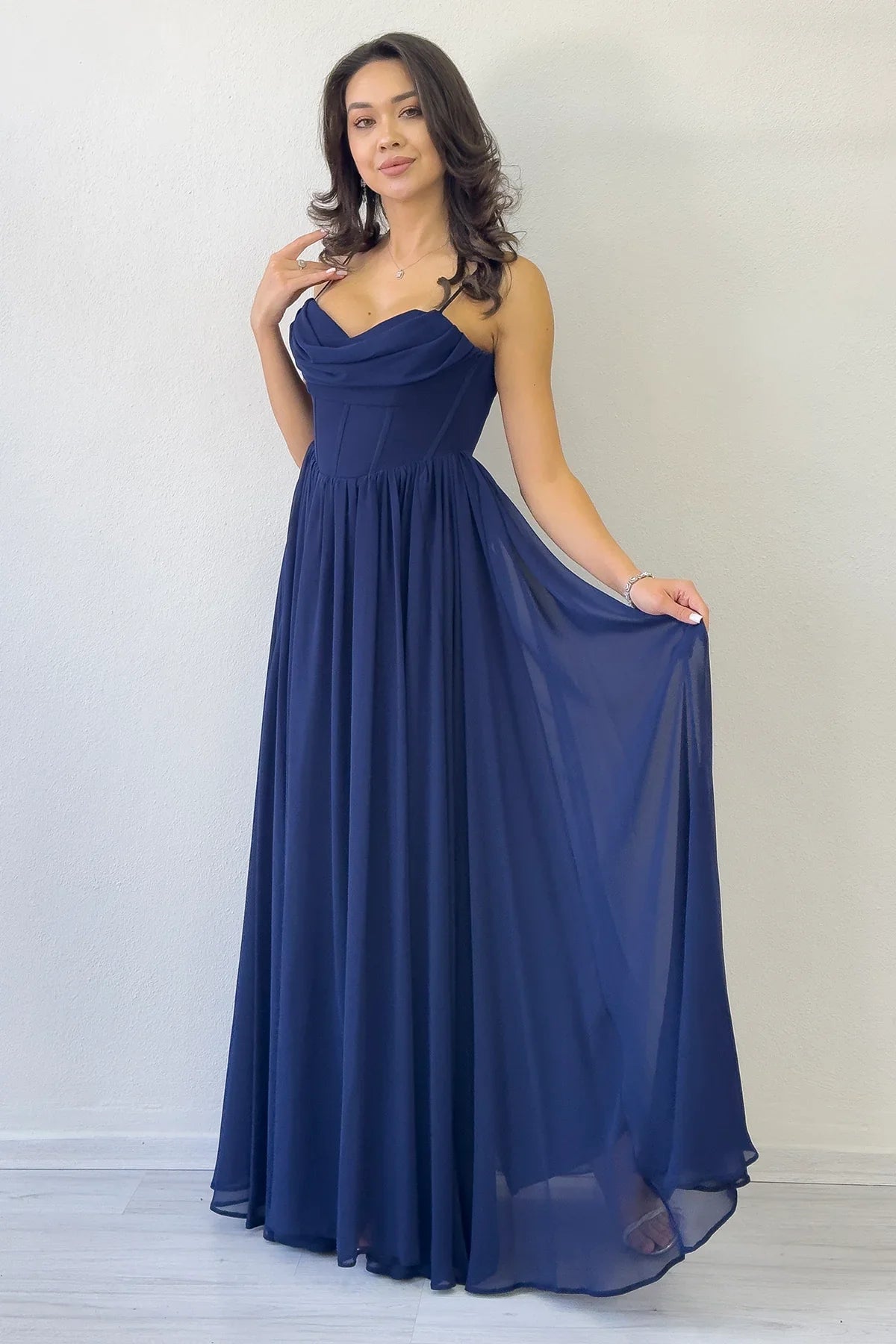 Women's Navy Blue Open Back Corset Detail Slit Chiffon Evening Gown