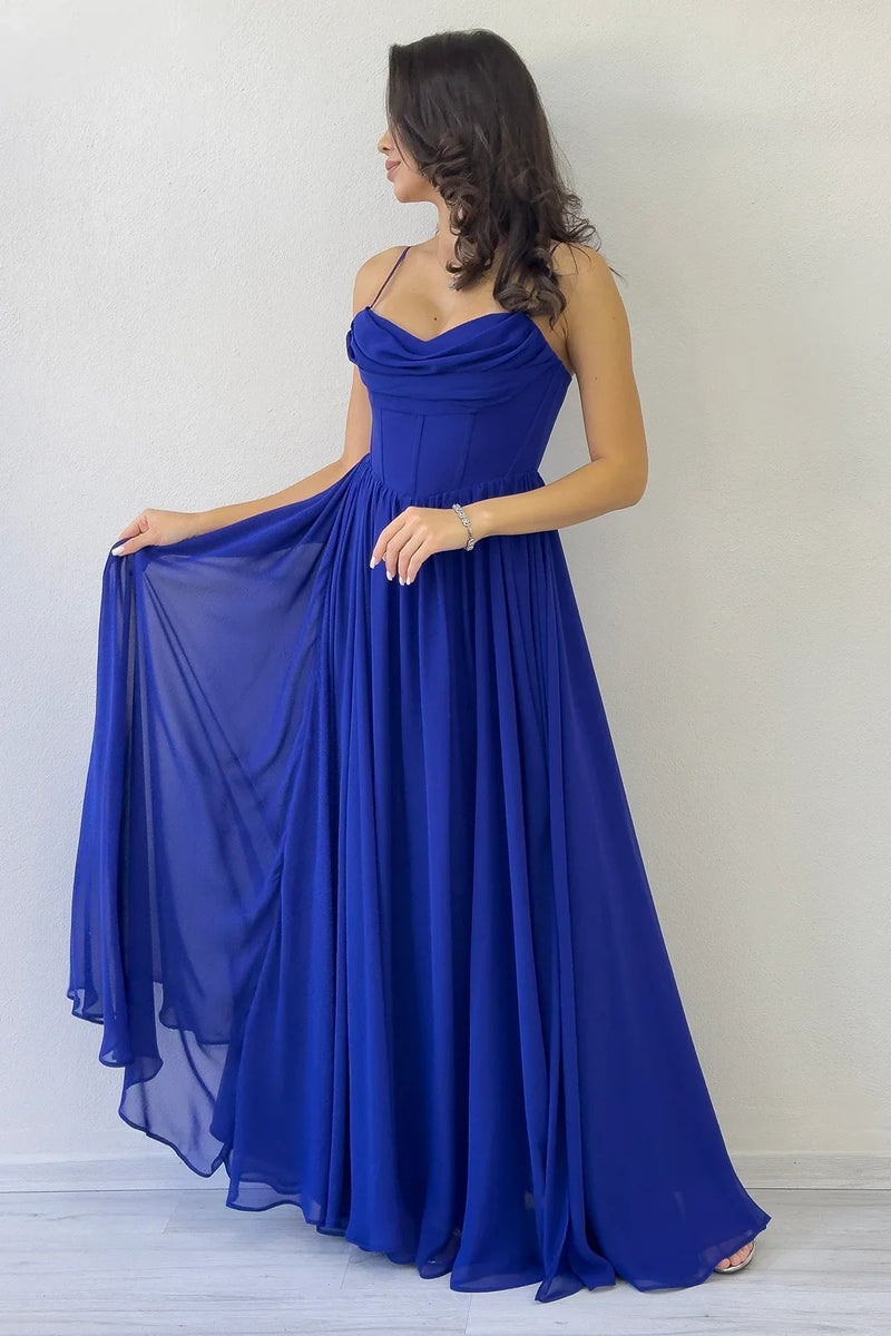 Women's Saxe Blue Open Back Corset Detail Slit Chiffon Evening Gown