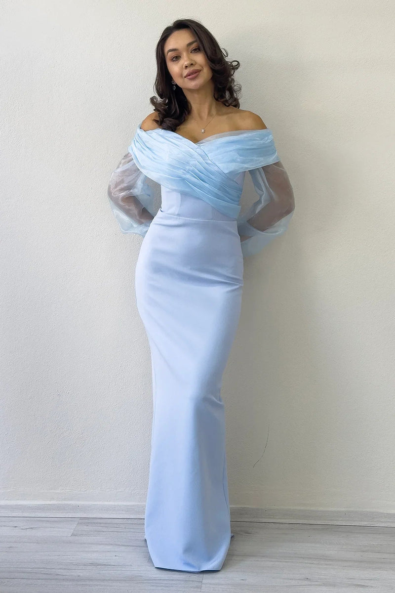 Women's Baby Blue Chiffon Sleeve Detail Off-Shoulder Mermaid Evening Gown