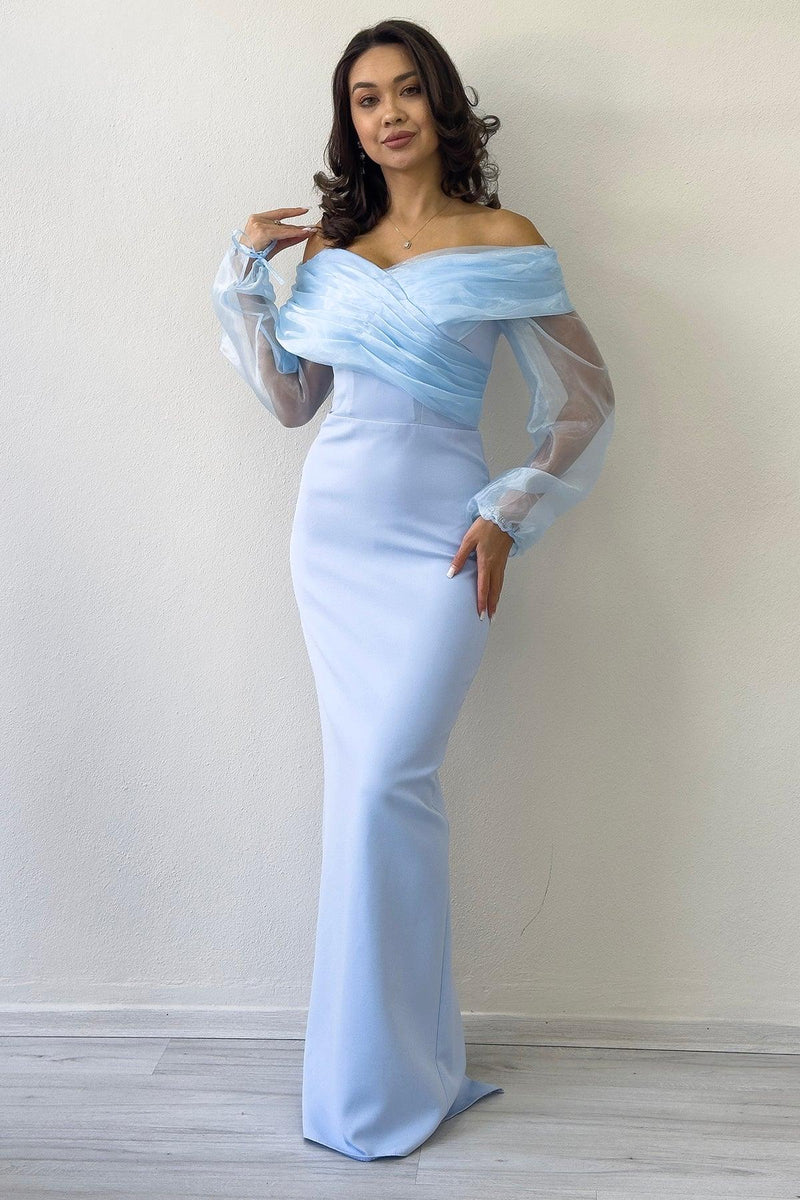 Women's Baby Blue Chiffon Sleeve Detail Off-Shoulder Mermaid Evening Gown