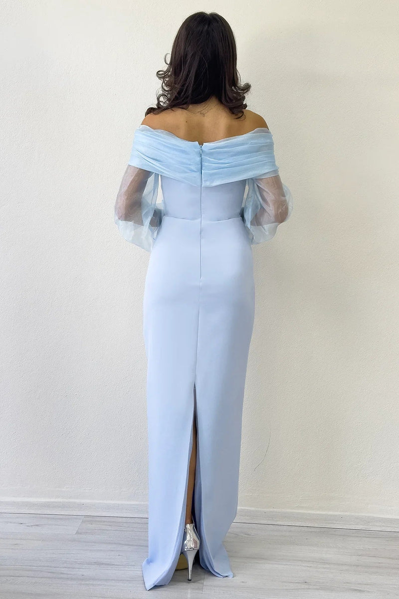 Women's Baby Blue Chiffon Sleeve Detail Off-Shoulder Mermaid Evening Gown