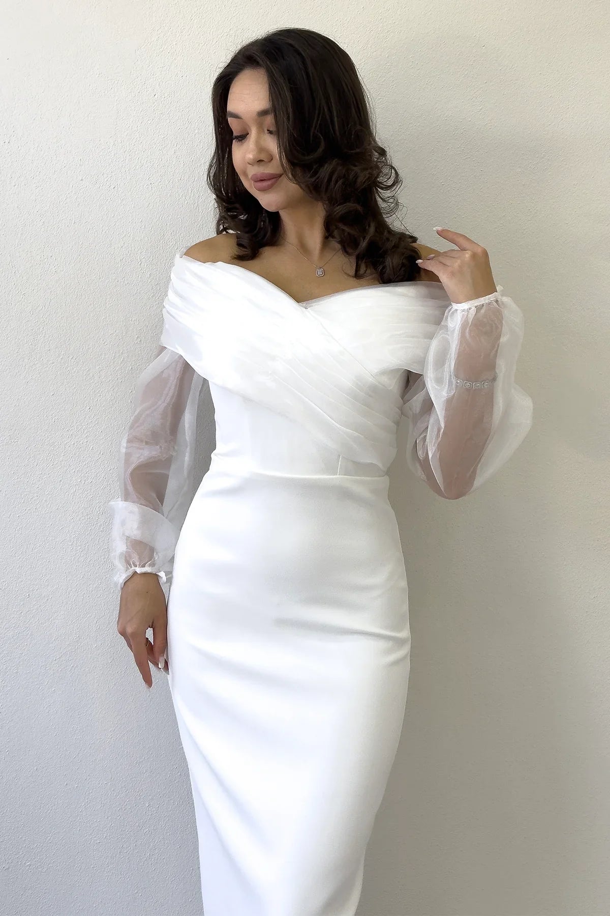 Women's White Chiffon Sleeve Detail Off-Shoulder Mermaid Evening Gown