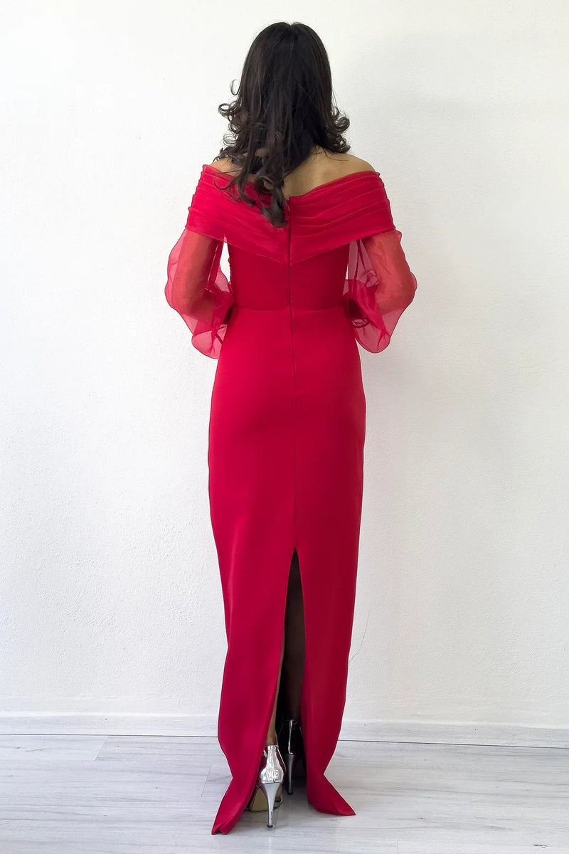 Women's Red Chiffon Sleeve Detail Off-Shoulder Mermaid Evening Gown