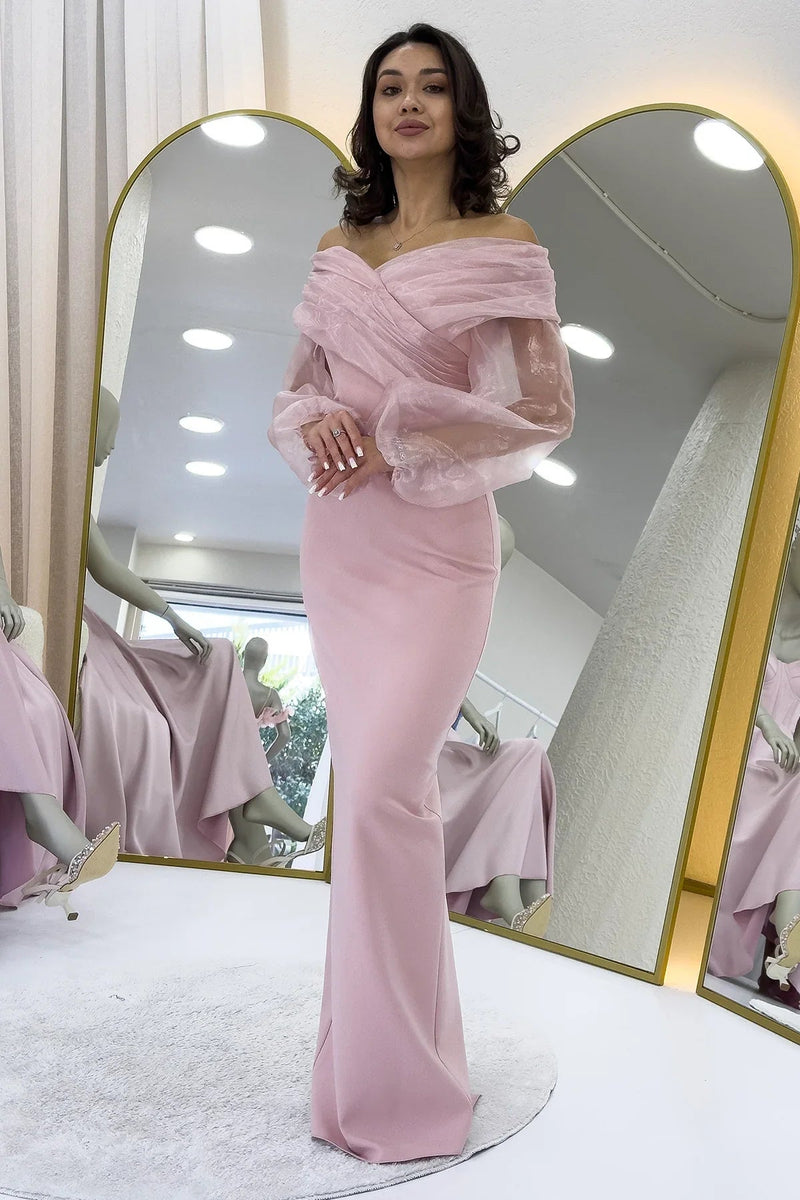 Women's Powder Pink Chiffon Sleeve Detail Off-Shoulder Mermaid Evening Gown