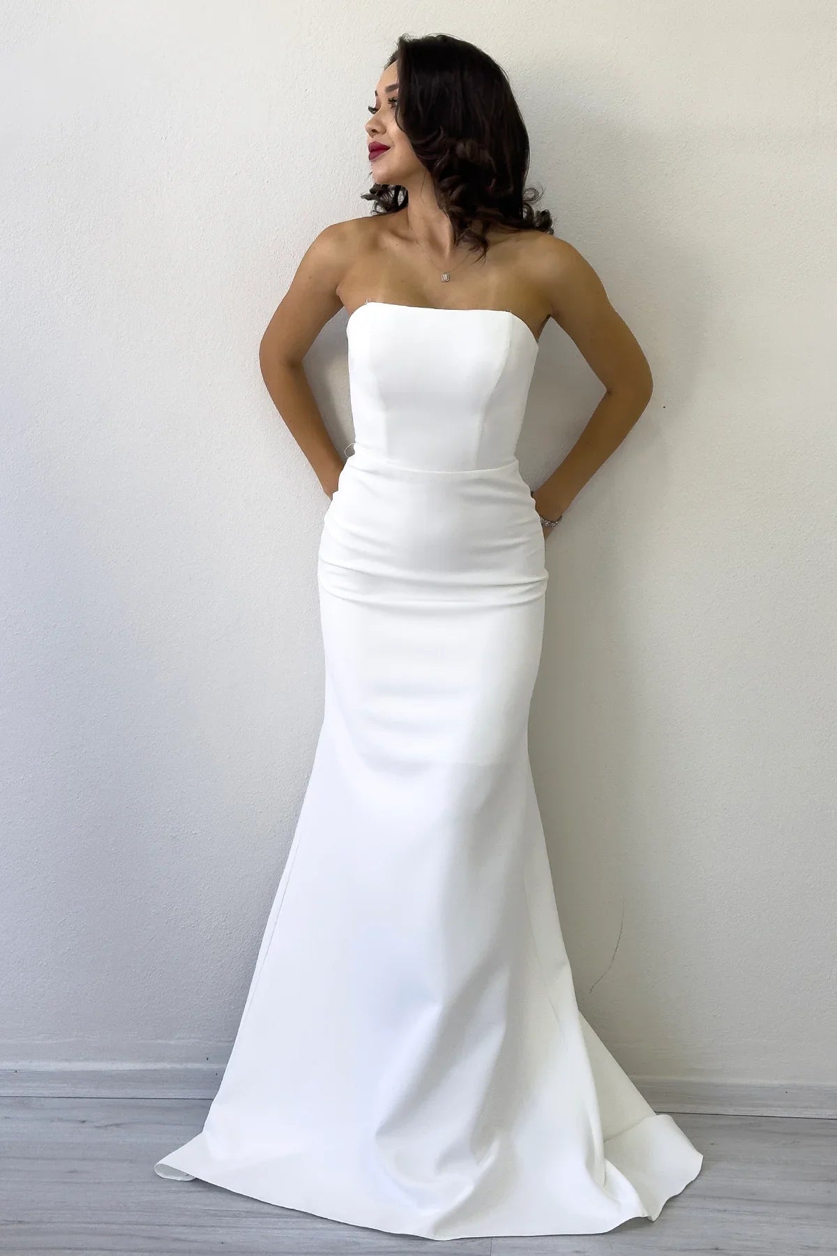 Women's White Shawl Collar Detail Strapless Mermaid Bridal Gown