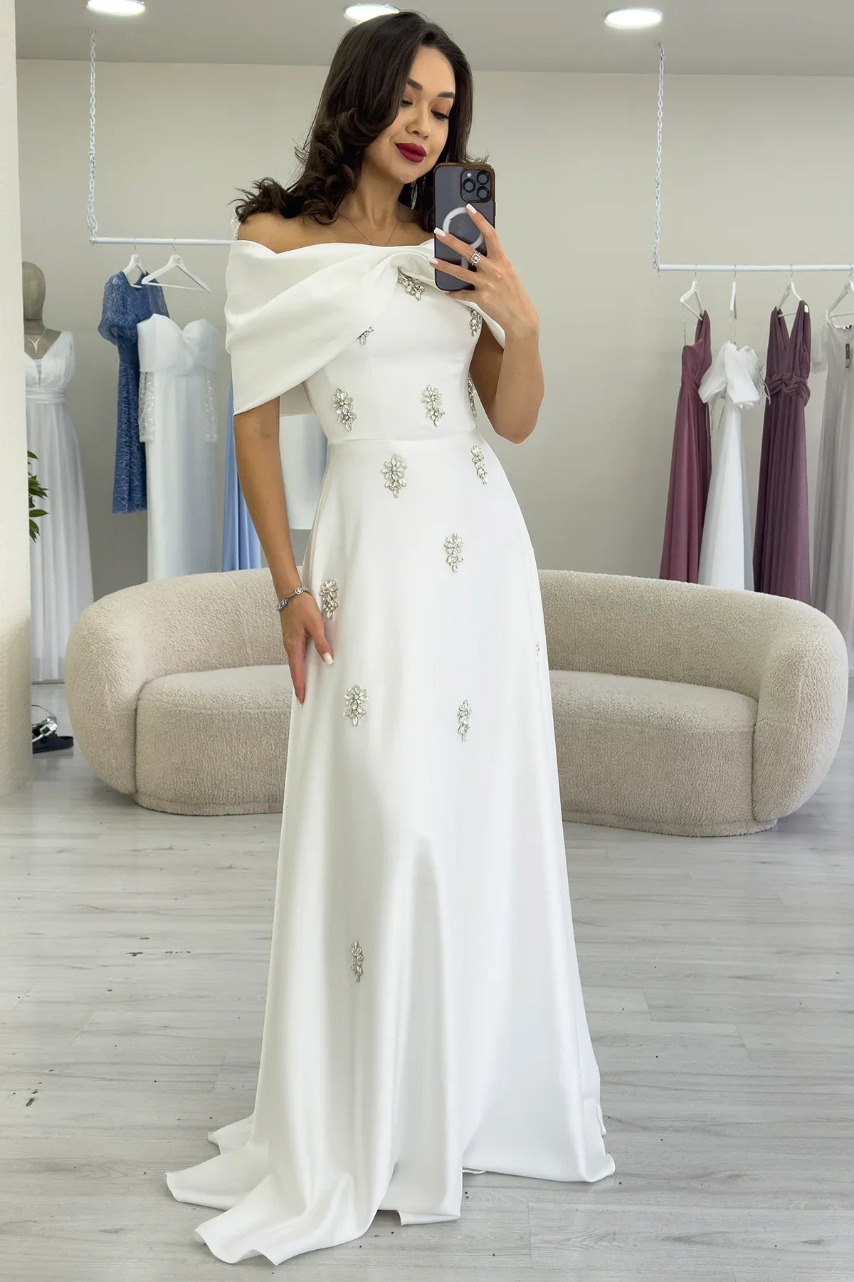 Women's White Fiyonk Neck Crystal Embellished Satin Evening Gown
