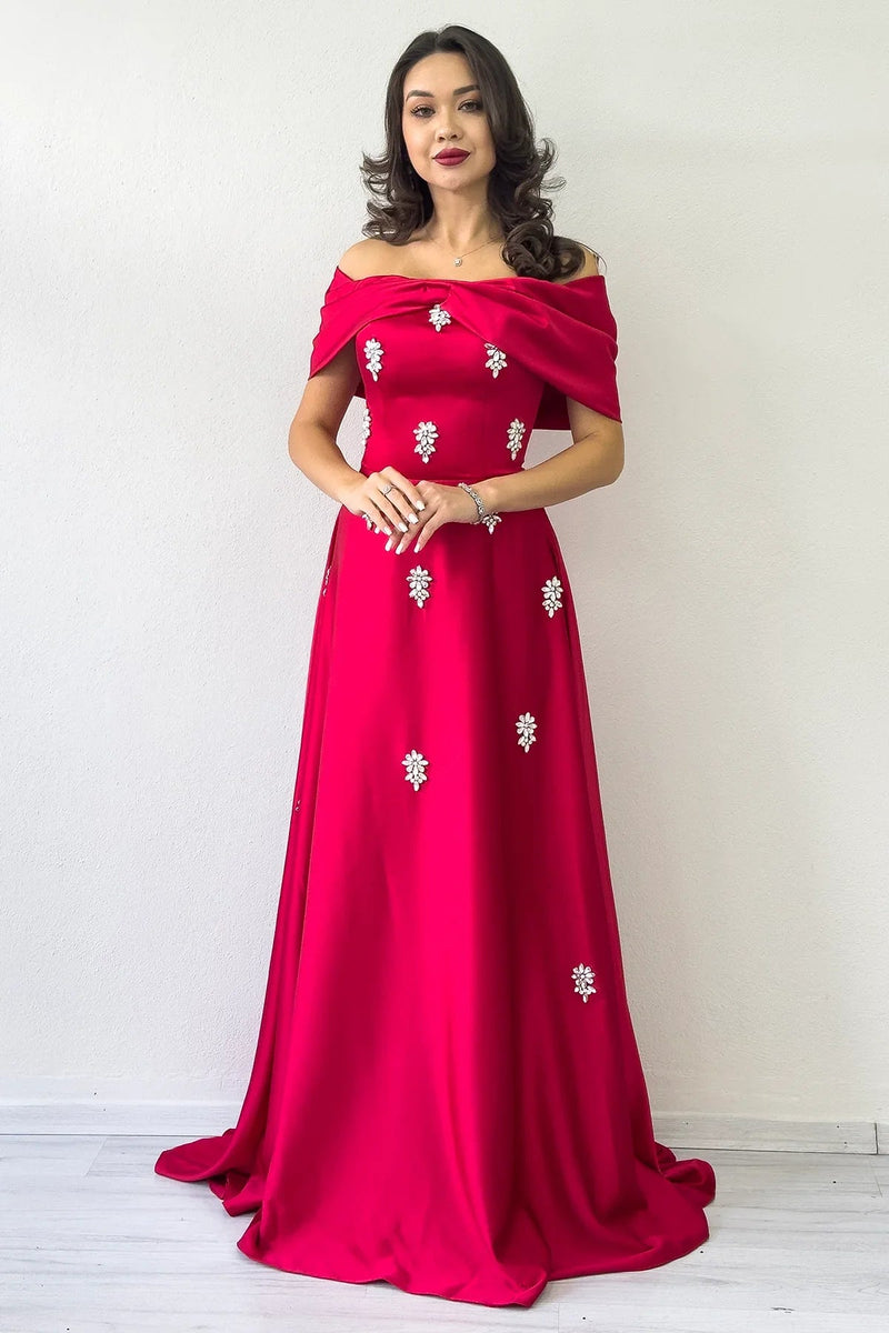 Women's Red Fiyonk Neck Crystal Embellished Satin Evening Gown