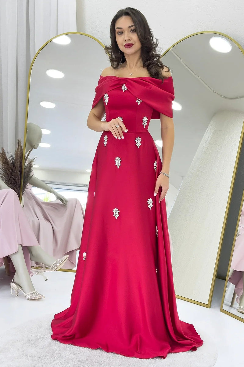 Women's Red Fiyonk Neck Crystal Embellished Satin Evening Gown