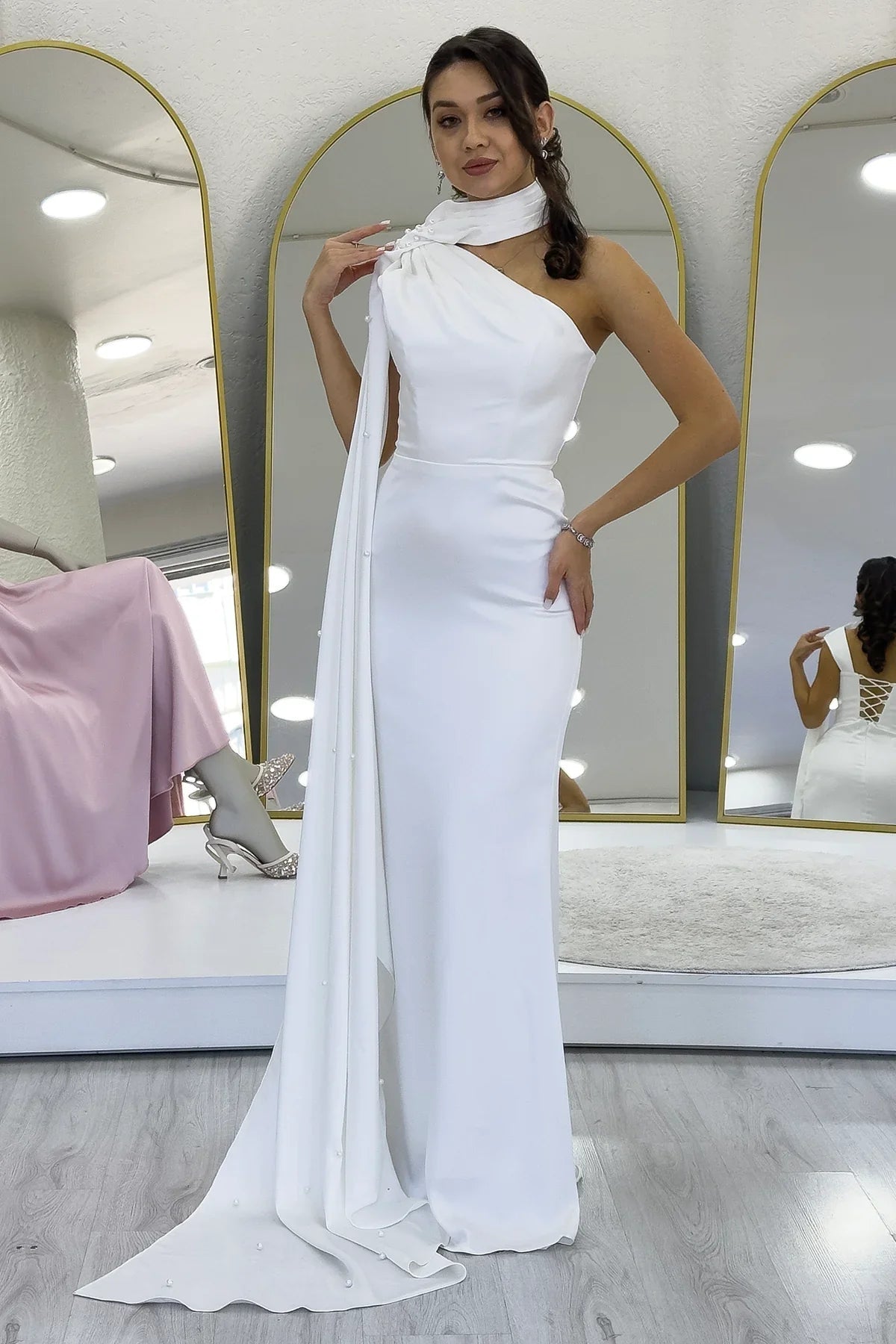 Women's White Tek Omuz Shawl Collar Cape Sleeve Detail İnci Embellished Satin Evening Gown