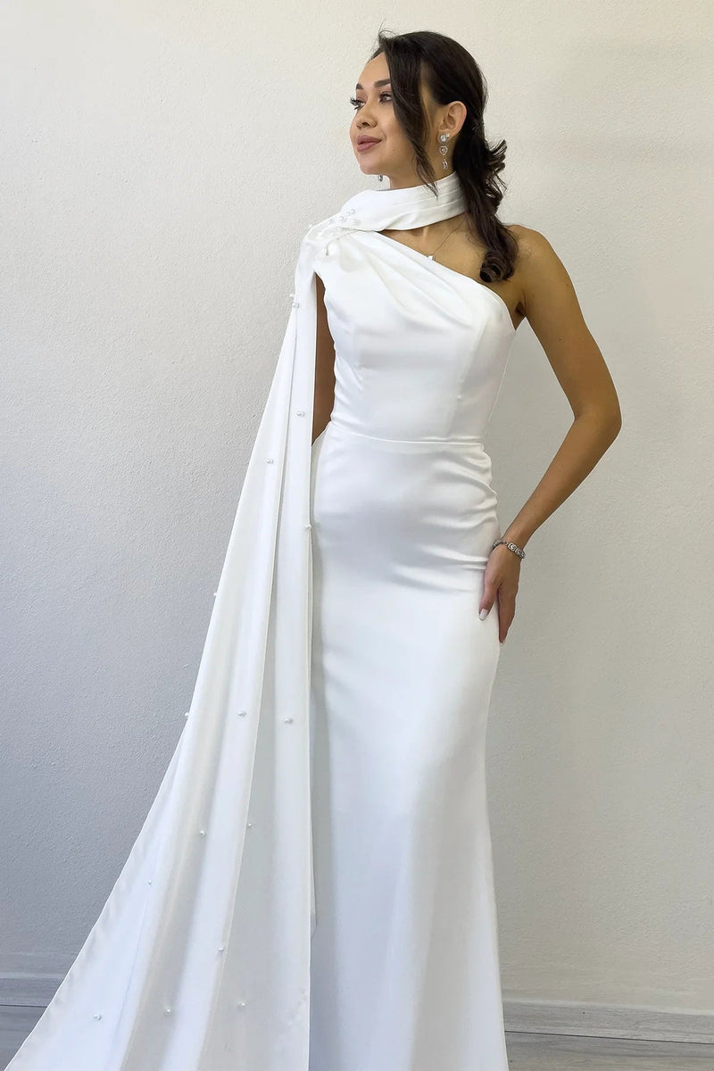 Women's White Tek Omuz Shawl Collar Cape Sleeve Detail İnci Embellished Satin Evening Gown