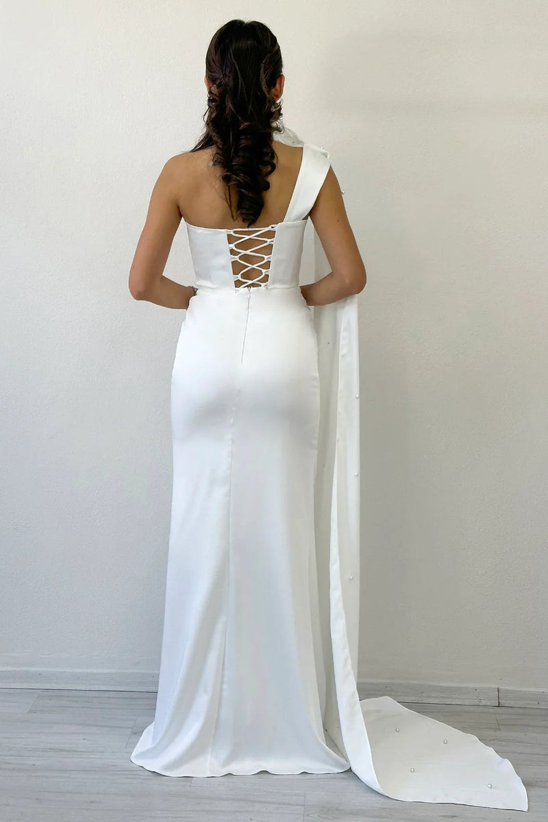 Women's White Tek Omuz Shawl Collar Cape Sleeve Detail İnci Embellished Satin Evening Gown