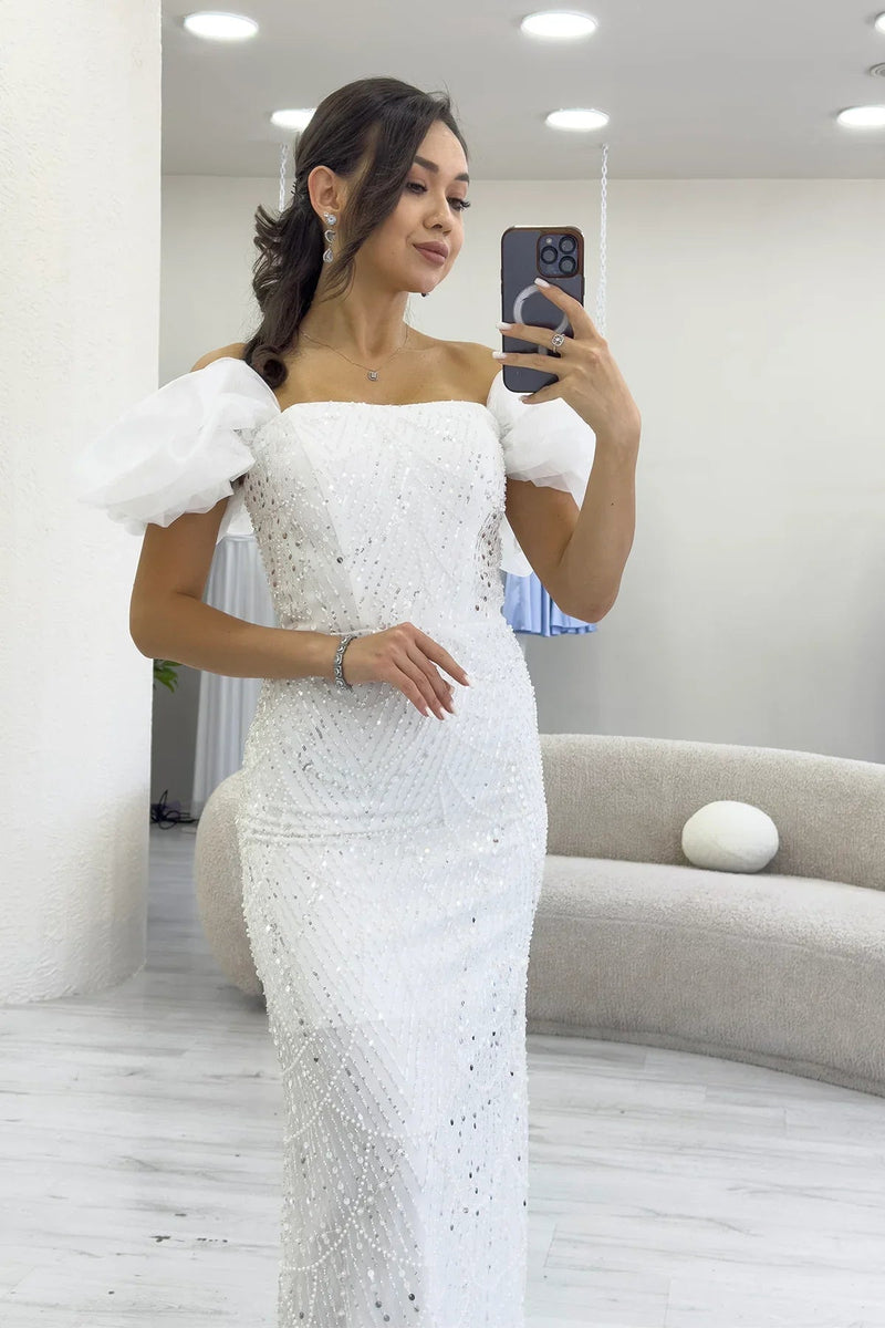 Women's White Balloon Sleeve Sequin Embellished Strapless Evening Gown
