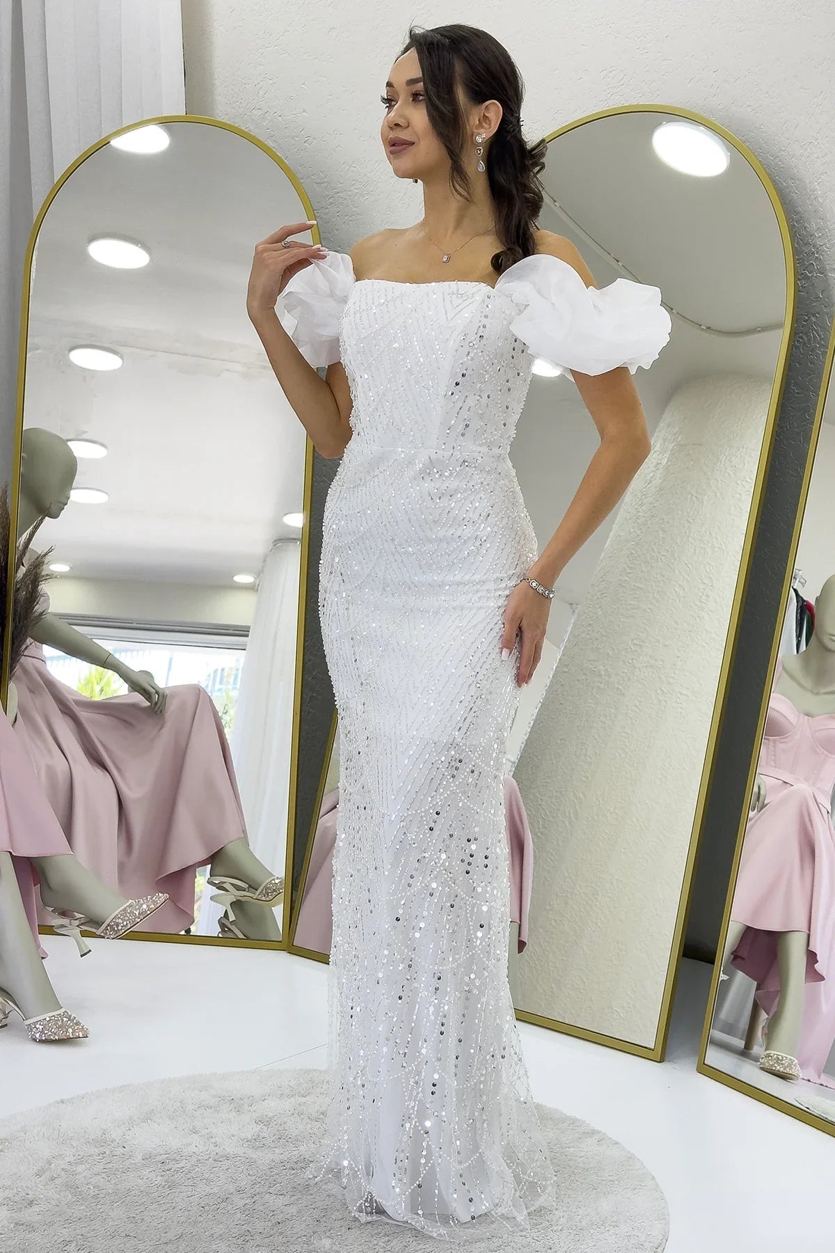 Women's White Balloon Sleeve Sequin Embellished Strapless Evening Gown