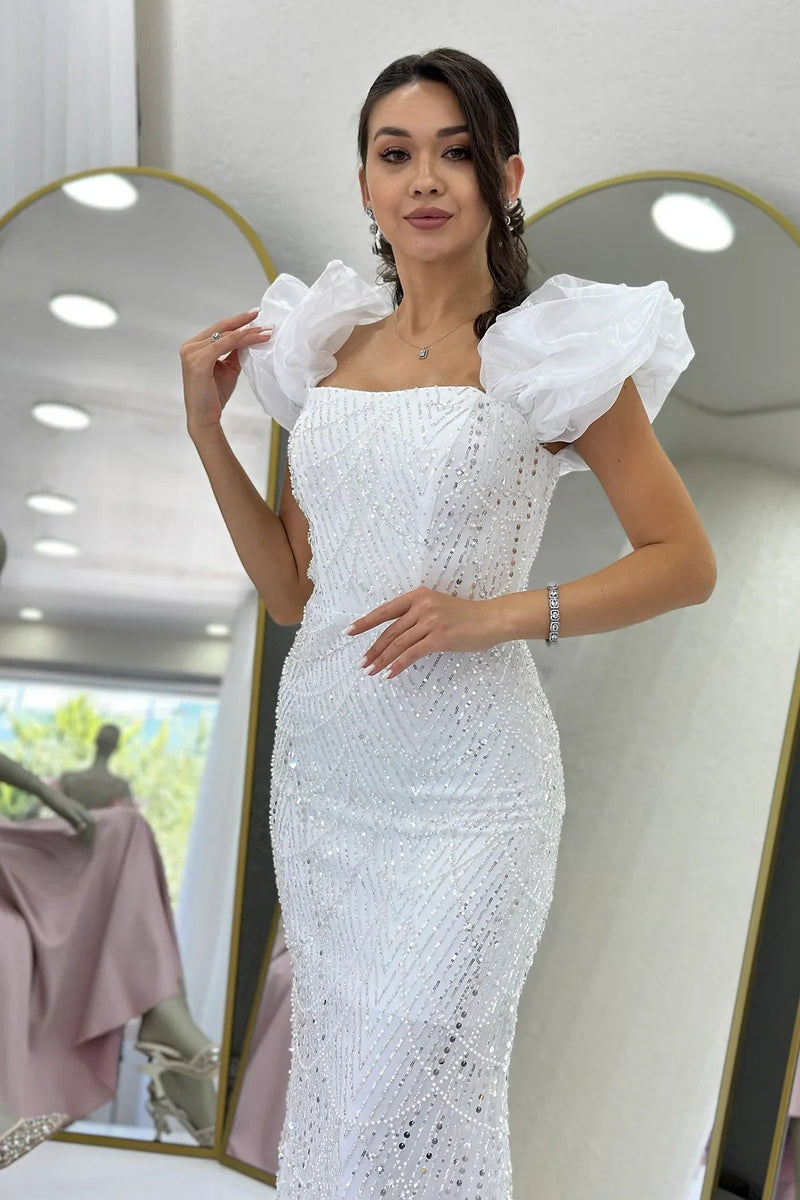 Women's White Balloon Sleeve Sequin Embellished Strapless Evening Gown
